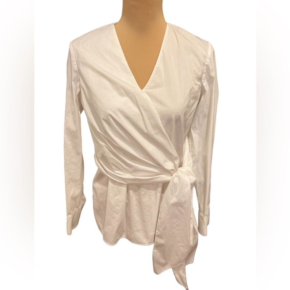 Lafayette 143 New York White Blouse Shirt Cotton with Faux Wrap Front Size 4